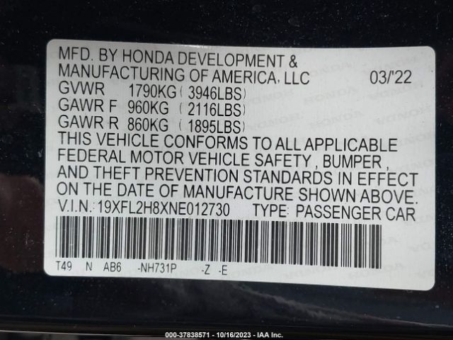 19XFL2H8XNE012730 Honda Civic Hatchback Sport