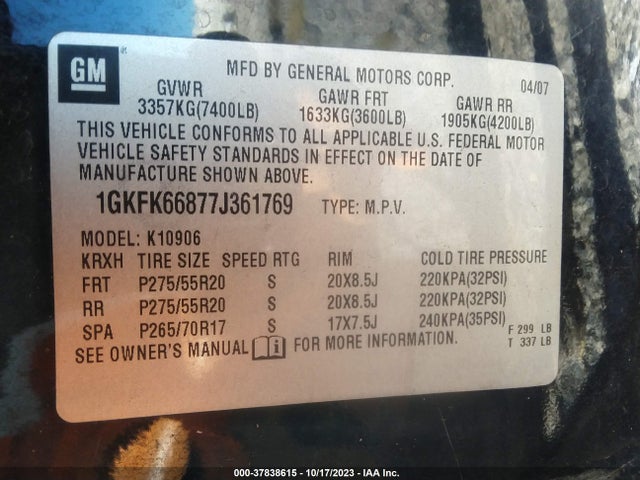 2007 GMC YUKON XL DENALI VIN: 1GKFK66877J361769