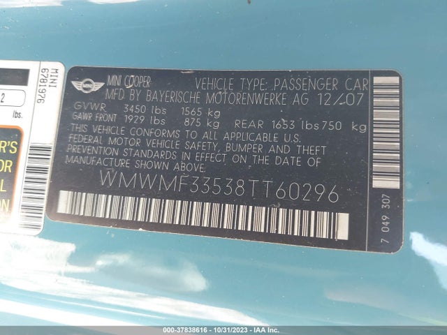 2008 MINI COOPER WMWMF33538TT60296 Photo 8