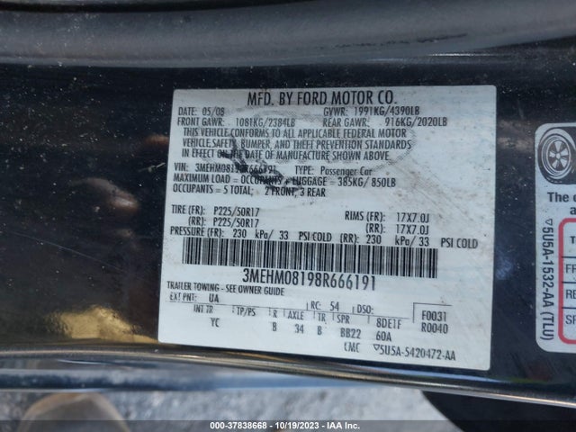 2008 MERCURY MILAN PREMIER VIN: 3MEHM08198R666191