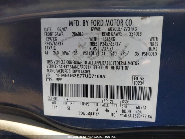 2007 FORD EXPLORER XLT VIN: 1FMEU63E77UB71685
