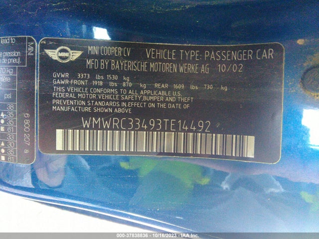 2003 MINI COOPER HARDTOP WMWRC33493TE14492 Photo 8