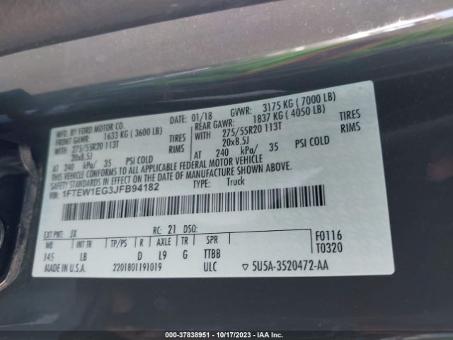 1FTEW1EG3JFB94182 Ford F-150 Lariat