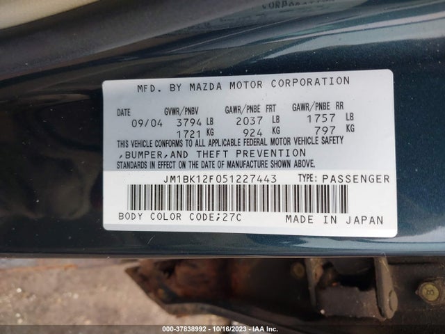 2005 MAZDA MAZDA3 I VIN: JM1BK12F051227443