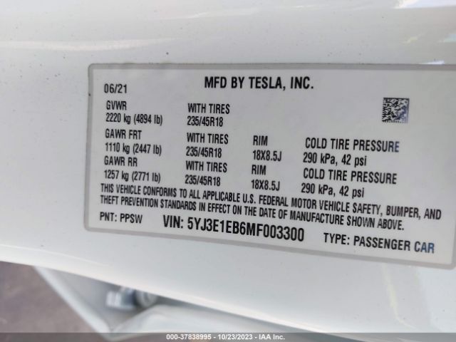 5YJ3E1EB6MF003300 Tesla Model 3 Long Range Dual Motor All-wheel Drive