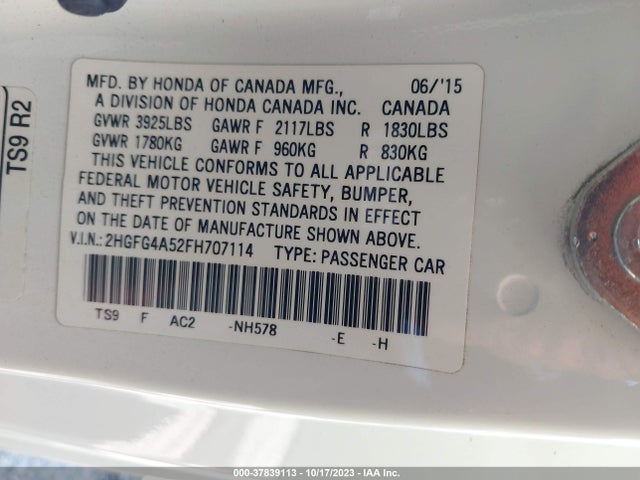 2015 HONDA CIVIC COUPE SI VIN: 2HGFG4A52FH707114