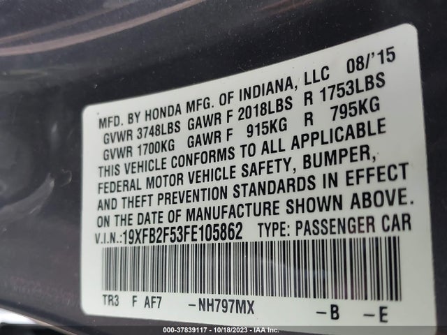 Honda Civic Sedan Lx 2015 19XFB2F53FE105862 Image 9