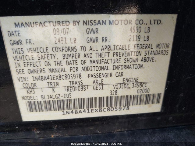 2008 NISSAN MAXIMA 3.5 SL VIN: 1N4BA41EX8C805978