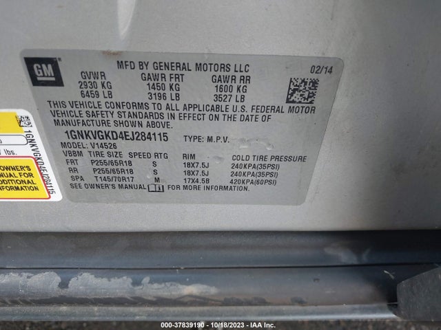 Chevrolet Traverse Lt 2014 1GNKVGKD4EJ284115 Image 9