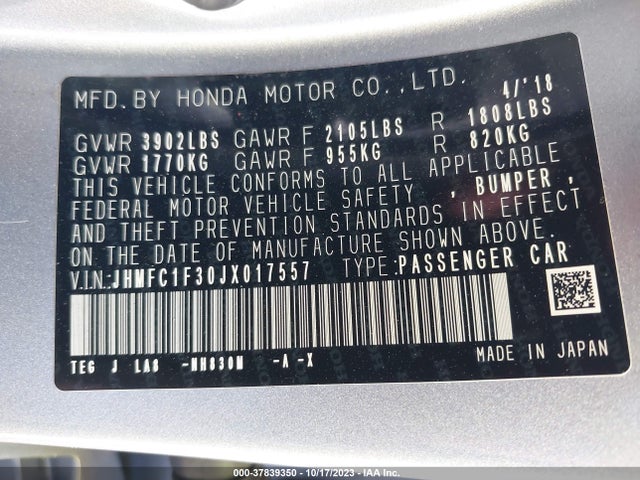 Honda Civic Ex-t 2018 JHMFC1F30JX017557 Image 9