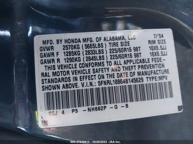2004 HONDA ODYSSEY EX VIN: 5FNRL18864B145629