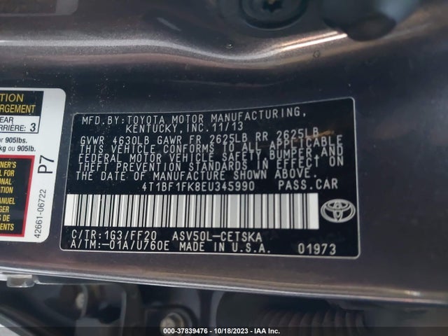 2014 TOYOTA CAMRY L/LE/XLE/SE/SE SPORT VIN: 4T1BF1FK8EU345990