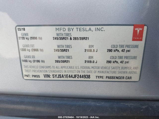 Tesla Model S 75d/100d/p100d 2018 5YJSA1E44JF244938 Image 9