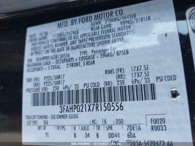 2007 FORD FUSION SEL VIN: 3FAHP021X7R150556