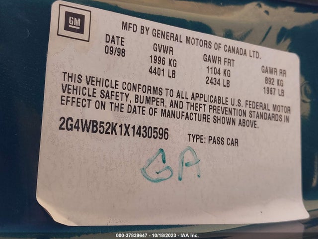 1999 BUICK REGAL LS/LSE VIN: 2G4WB52K1X1430596