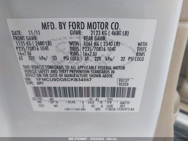 2012 FORD ESCAPE XLT VIN: 1FMCU9DG5CKB34567