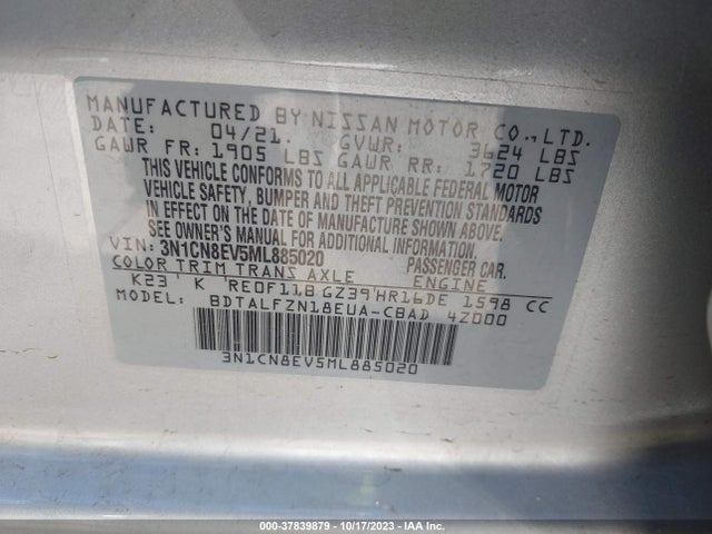 Nissan VERSA SV 2021 3N1CN8EV5ML885020 Image 9