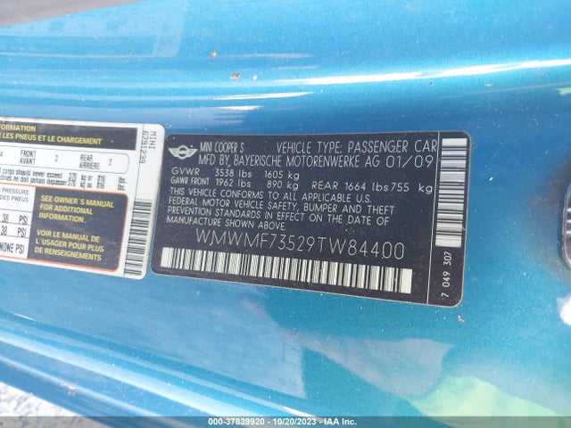 2009 MINI COOPER HARDTOP WMWMF73529TW84400 Photo 8