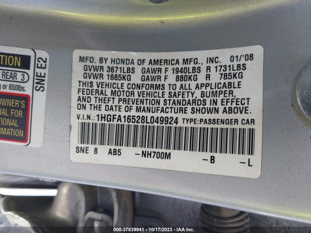 2008 HONDA CIVIC SDN LX VIN: 1HGFA16528L049924