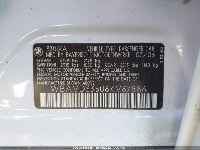 2006 BMW 3 SERIES 330XI VIN: WBAVD33506KV67886