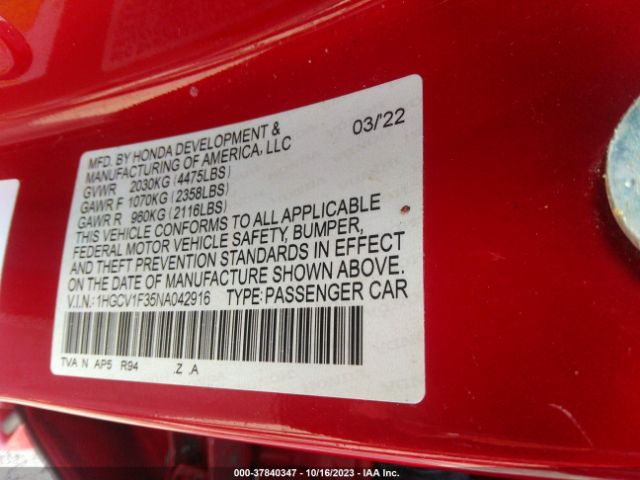 1HGCV1F35NA042916 Honda Accord Sedan Sport