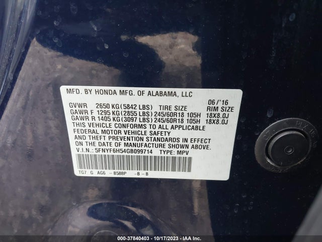 Honda Pilot Ex-l 2016 5FNYF6H54GB099714 Image 9