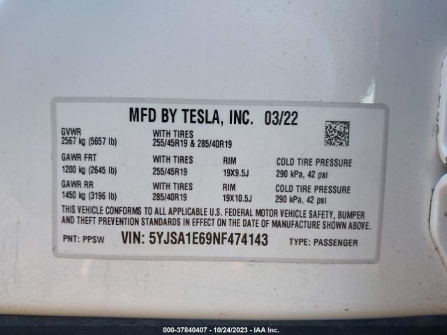 Tesla Model S Plaid 2022 5YJSA1E69NF474143 Image 9