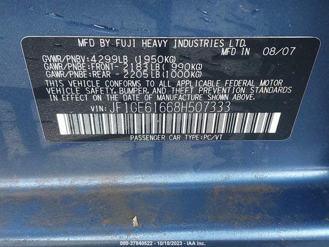 2008 SUBARU IMPREZA 2.5I VIN: JF1GE61668H507333