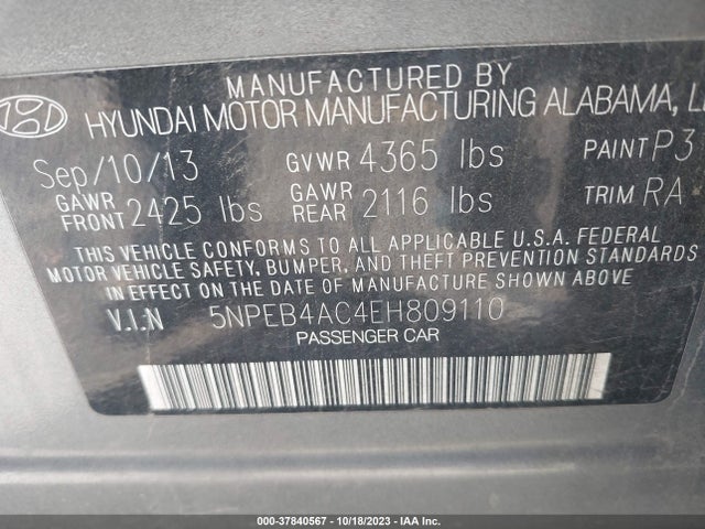 2014 HYUNDAI SONATA GLS VIN: 5NPEB4AC4EH809110