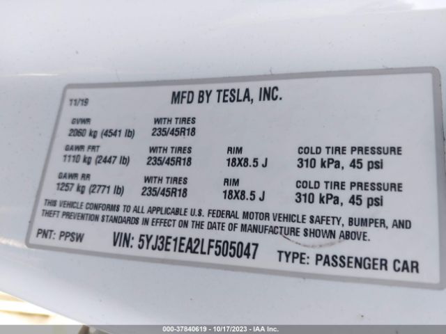 5YJ3E1EA2LF505047 Tesla Model 3 Standard Range