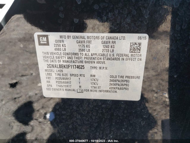 2015 CHEVROLET EQUINOX 1LT VIN: 2GNALBEK0F1174625