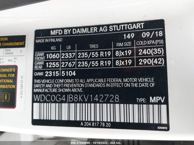 2019 MERCEDES-BENZ GLC 300 VIN: WDC0G4JB8KV142728