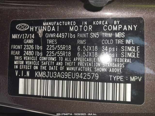 Hyundai Tucson Limited 2014 KM8JU3AG9EU942579 Image 9