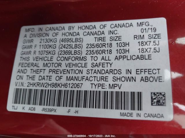 2HKRW2H98KH612067 Honda Cr-v Touring
