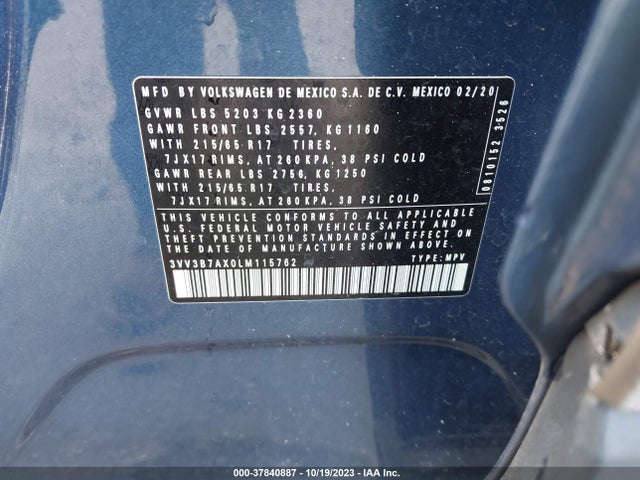 3VV3B7AX0LM115762 Volkswagen Tiguan Se/sel/se R-line Black