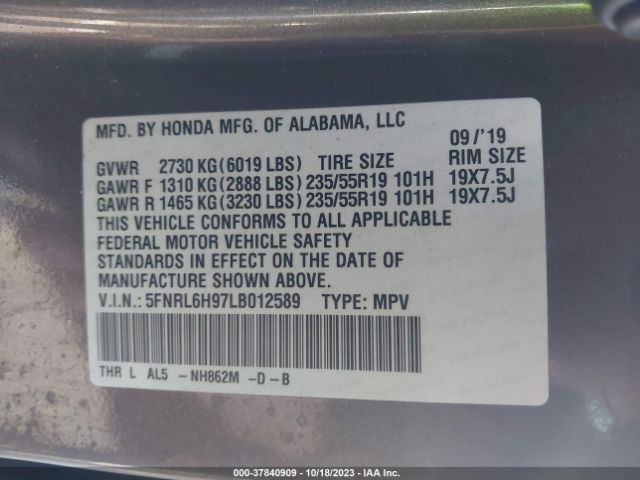5FNRL6H97LB012589 Honda Odyssey Elite