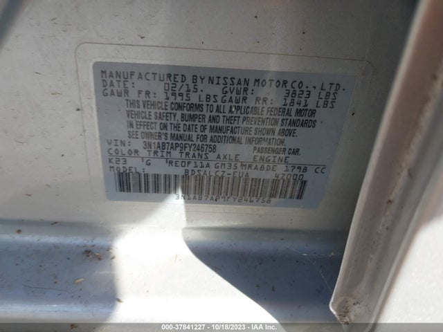 2015 NISSAN SENTRA SR/SL/S/SV/FE+ S VIN: 3N1AB7AP9FY246758