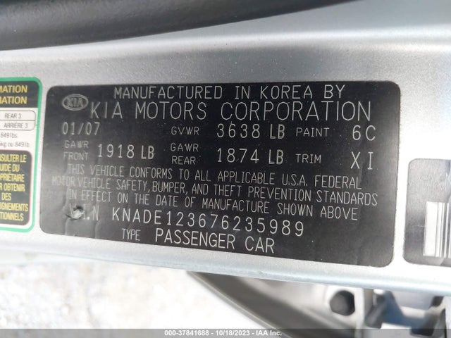 2007 KIA RIO LX VIN: KNADE123676235989