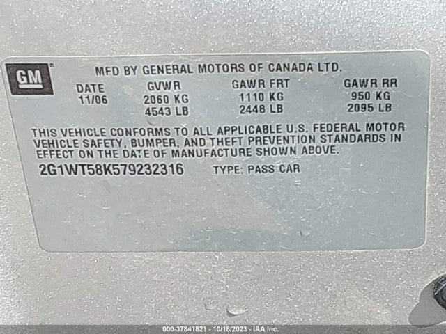 2007 CHEVROLET IMPALA 3.5L LT VIN: 2G1WT58K579232316