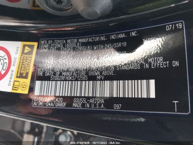 5TDDZRFH0KS712565 Toyota Highlander Limited