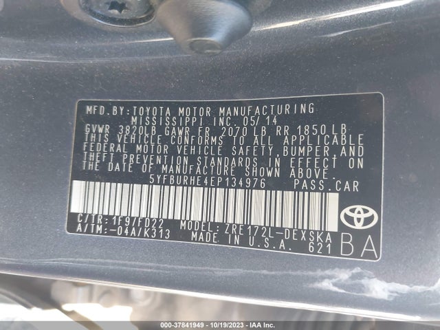 2014 TOYOTA COROLLA L/LE/S/S PLUS/LE PLUS VIN: 5YFBURHE4EP134976