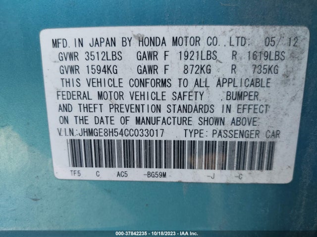 2012 HONDA FIT SPORT VIN: JHMGE8H54CC033017