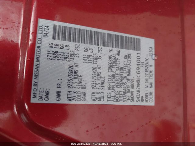 5N1AR2MM0EC694001 Nissan Pathfinder Platinum