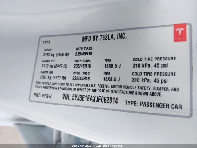 5YJ3E1EAXJF062014 Tesla Model 3 Range Battery