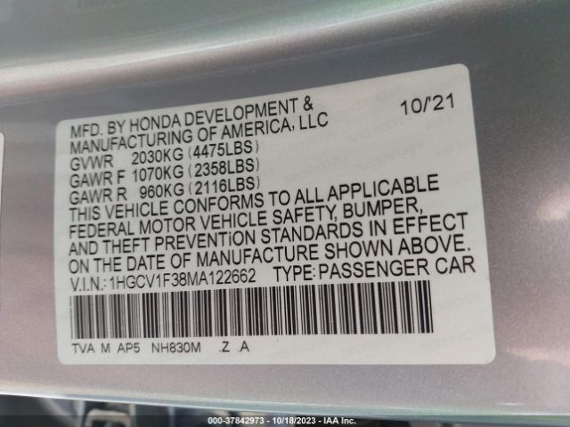 1HGCV1F38MA122662 Honda Accord Sedan Sport