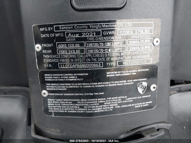 2022 YONGFU YN50QT; YN150T; YN250T VIN: LL0TCAPR6NG000863