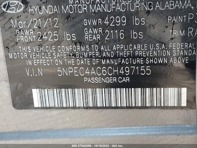 2012 HYUNDAI SONATA LIMITED VIN: 5NPEC4AC6CH497155