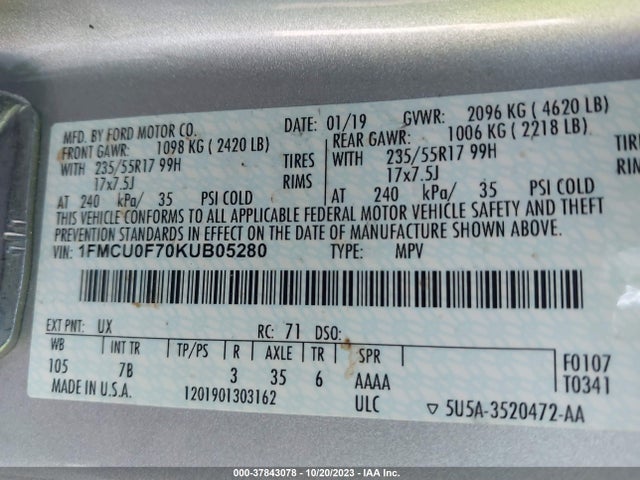 2019 FORD ESCAPE S VIN: 1FMCU0F70KUB05280