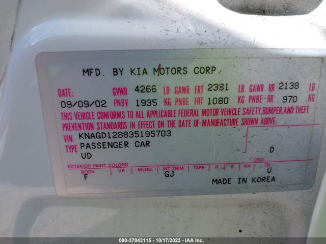 2003 KIA OPTIMA LX V6/SE VIN: KNAGD128835195703