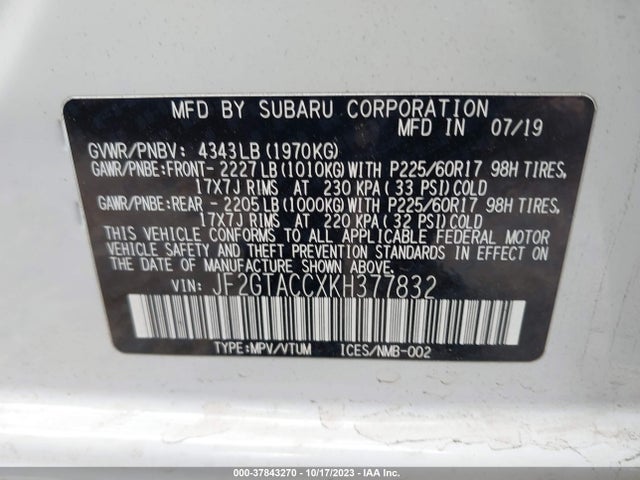 2019 SUBARU CROSSTREK PREMIUM VIN: JF2GTACCXKH377832